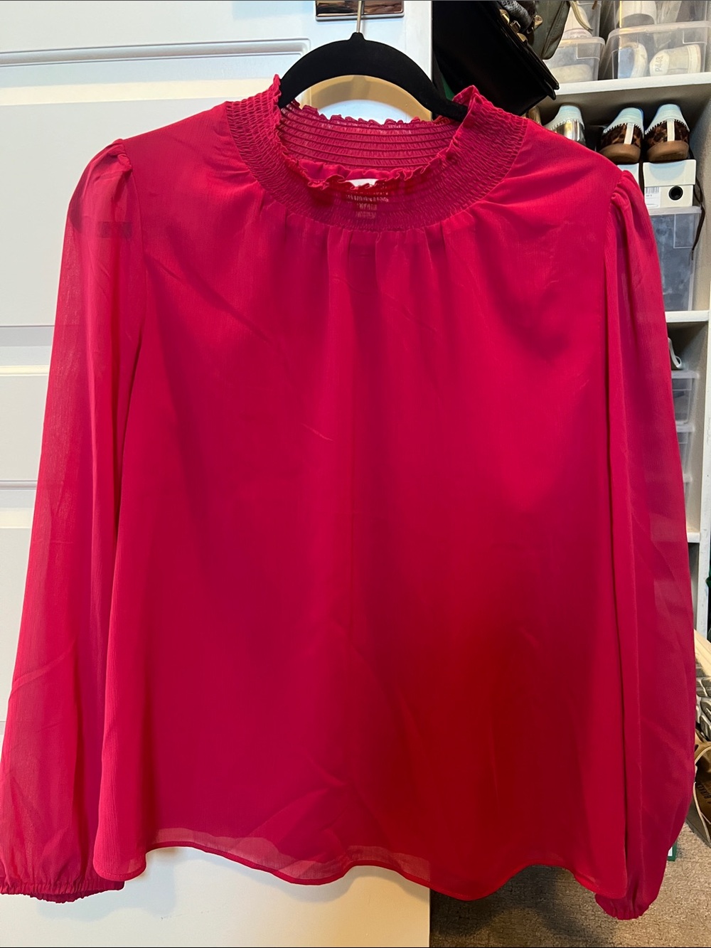 J. Crew Factory Fuchsia Long-Sleeve Smocked Neck Blouse
